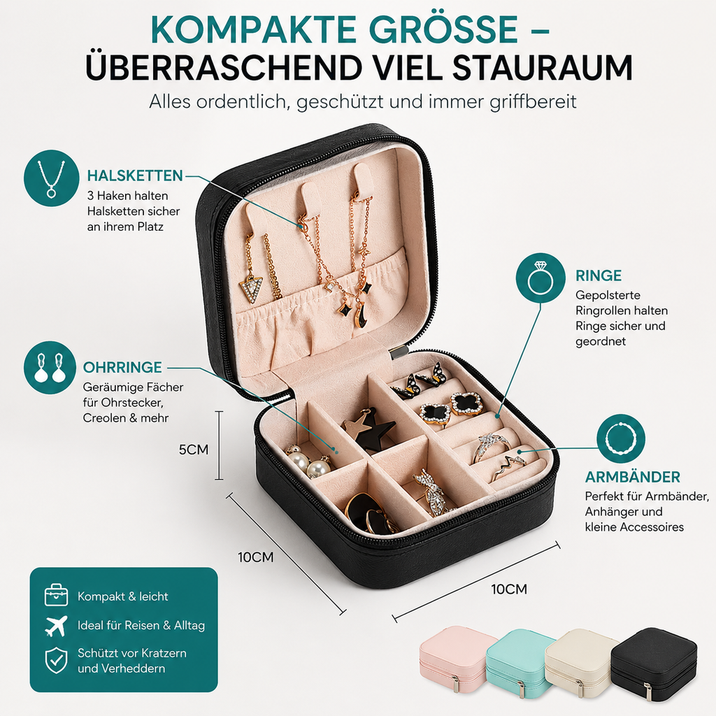 Schmuckkästchen Reise aus PU-Leder – Schmuckbox mit Samt-Innenfutter für Ringe, Halsketten, Ohrringe & Armbänder – Tragbarer Schmuck Organizer – S&A Essentials