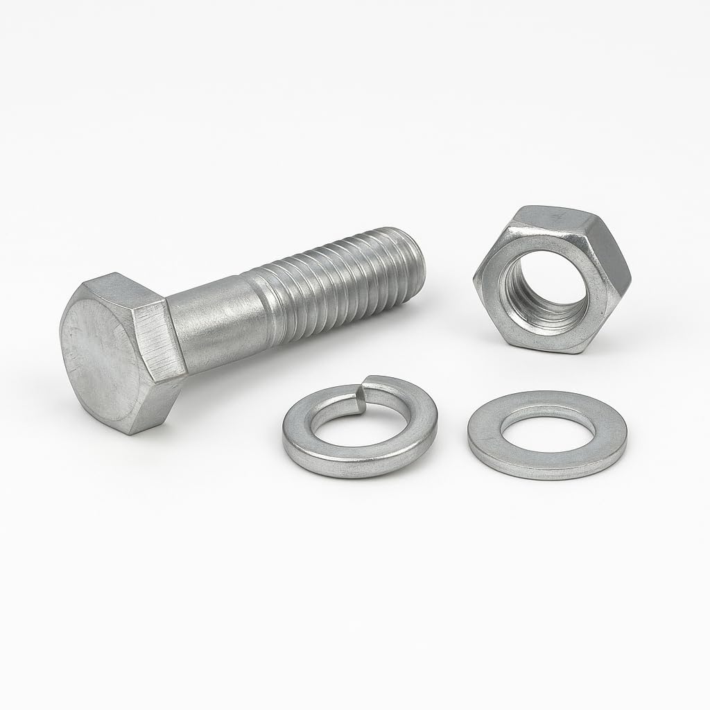 S&A Essentials M8 Screw Set 8-Piece - Complete Set with Nuts, Washers & Spring Washers - Galvanised Hexagonal Screws DIN 933 - For DIY & Furniture Assembly