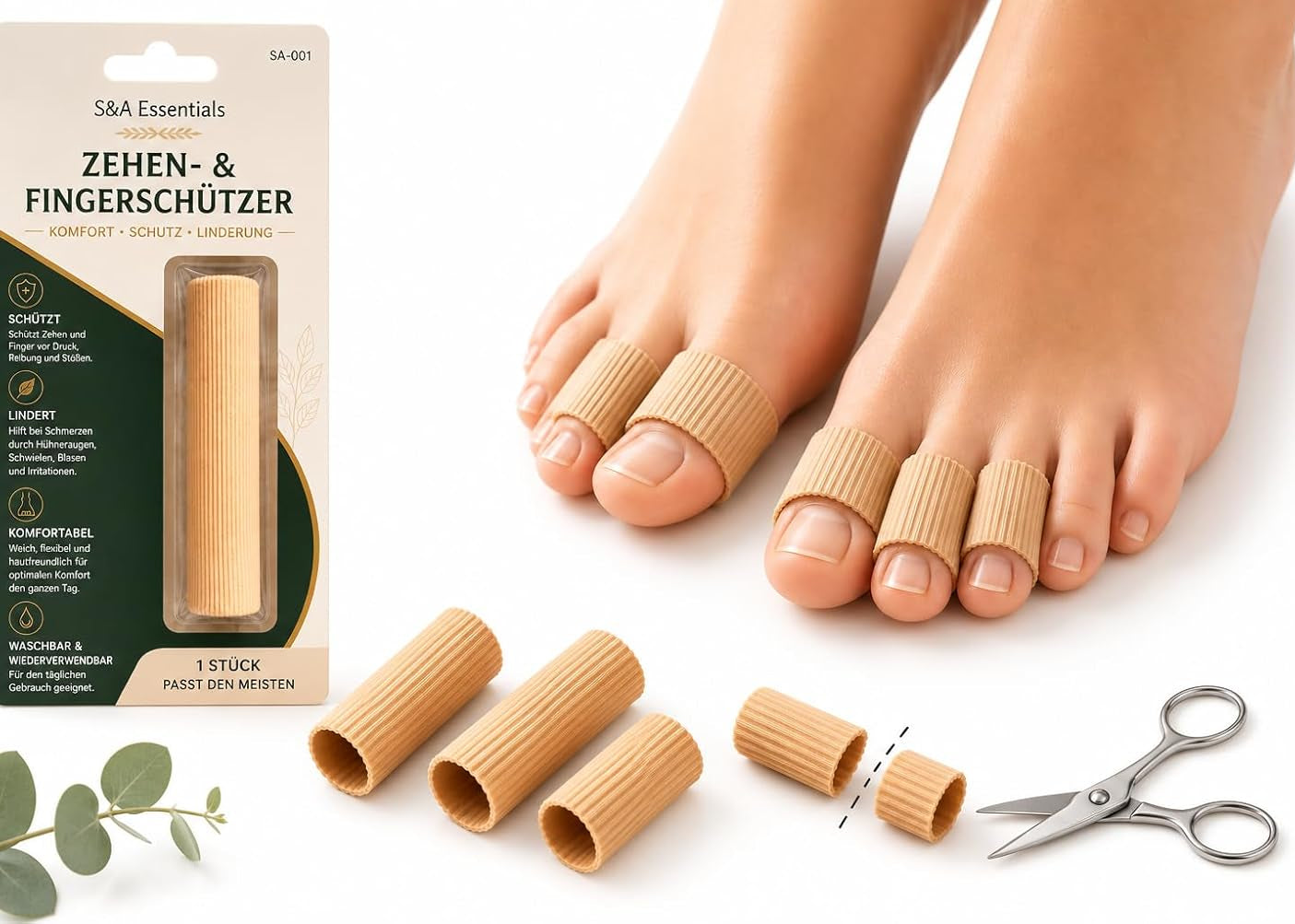 S&A Essentials Toe & Finger Cover - Anti Friction Toe Protectors Against Pressure & Friction - Corns & Callus Protection - Can Be Cut To Size - Sizes S/M/L Size M (Diameter 2.0 cm, Length 15 cm)