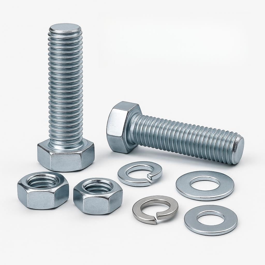 S&A Essentials M8 Screw Set 8-Piece - Complete Set with Nuts, Washers & Spring Washers - Galvanised Hexagonal Screws DIN 933 - For DIY & Furniture Assembly