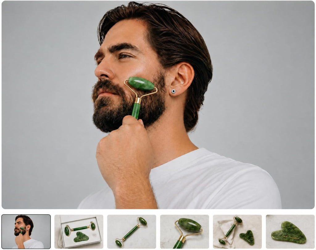 Jade Roller & Gua Sha Set - 100% Real Jade Stone - Face Massage for Skin Tightening & Relaxation - Cooling Against Dark Circles & Puffiness
