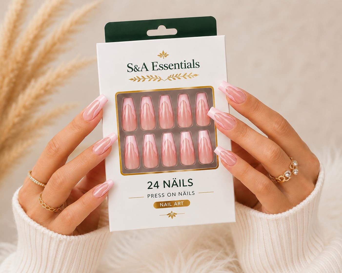 24 Press On Nails Coffin Medium Length – Pink French Tip Fake Nails with 3D Wave Design – Glossy Reusable Glue On Nails – Full Cover Acrylic Nail Set for Women