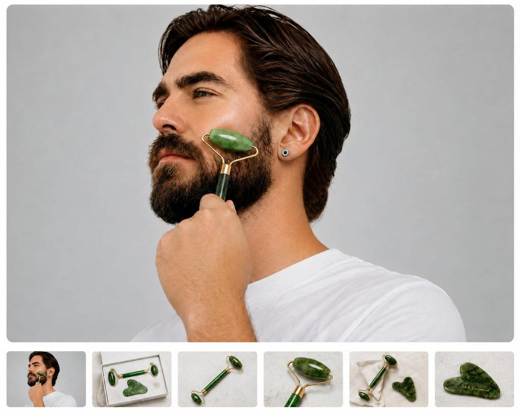 Jade Roller & Gua Sha Set – 100% Real Jade Stone Face Massager – Cooling Facial Massage Tool for Puffiness, Dark Circles, Skin Care & Relaxation – S&A Essentials