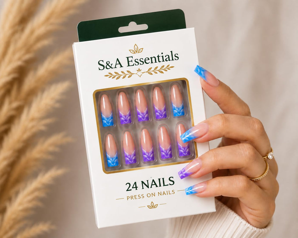 24 Press On Nails Coffin Medium Length – Blue Pink Ombre Nails with White Leaf Design – Reusable Glossy Glue On Nails – Full Cover Artificial Nails for Women