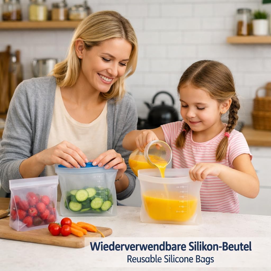 Silicone Freezer Bags 1500ml - Reusable, BPA Free, Leak Proof, Dishwasher Safe, Stand Base, Airtight Zip Seal for Food, Freezer & Camping - S&A Essentials | Leak-proof