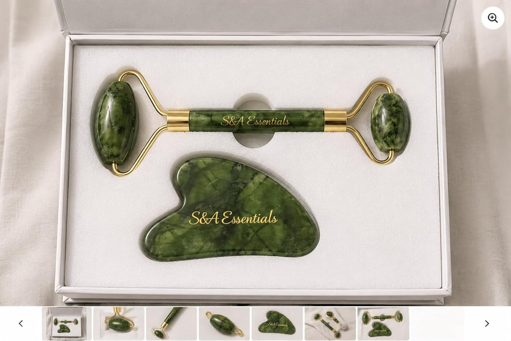 Jade Roller & Gua Sha Set – 100% Real Jade Stone Face Massager – Cooling Facial Massage Tool for Puffiness, Dark Circles, Skin Care & Relaxation – S&A Essentials