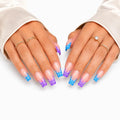 24 Press On Nails Coffin Medium Length – Blue Pink Ombre Nails with White Leaf Design – Reusable Glossy Glue On Nails – Full Cover Artificial Nails for Women