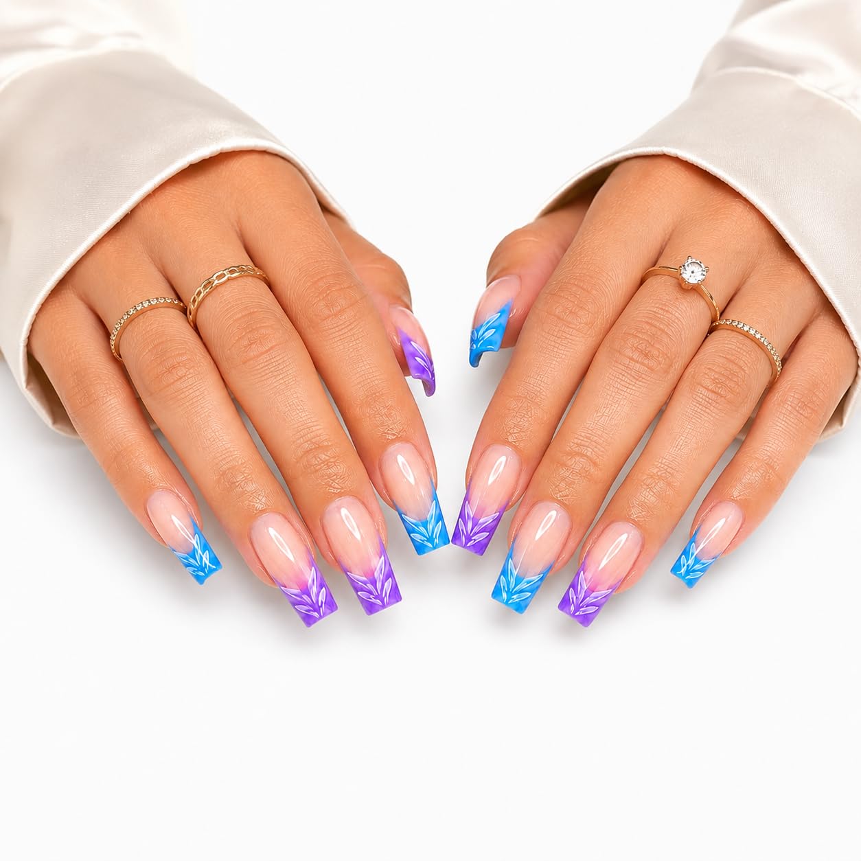 24 Press On Nails Coffin Medium Length – Blue Pink Ombre Nails with White Leaf Design – Reusable Glossy Glue On Nails – Full Cover Artificial Nails for Women
