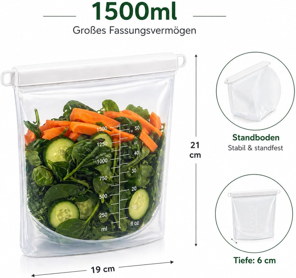 Silicone Freezer Bags 1500ml - Reusable, BPA Free, Leak Proof, Dishwasher Safe, Stand Base, Airtight Zip Seal for Food, Freezer & Camping - S&A Essentials | Leak-proof