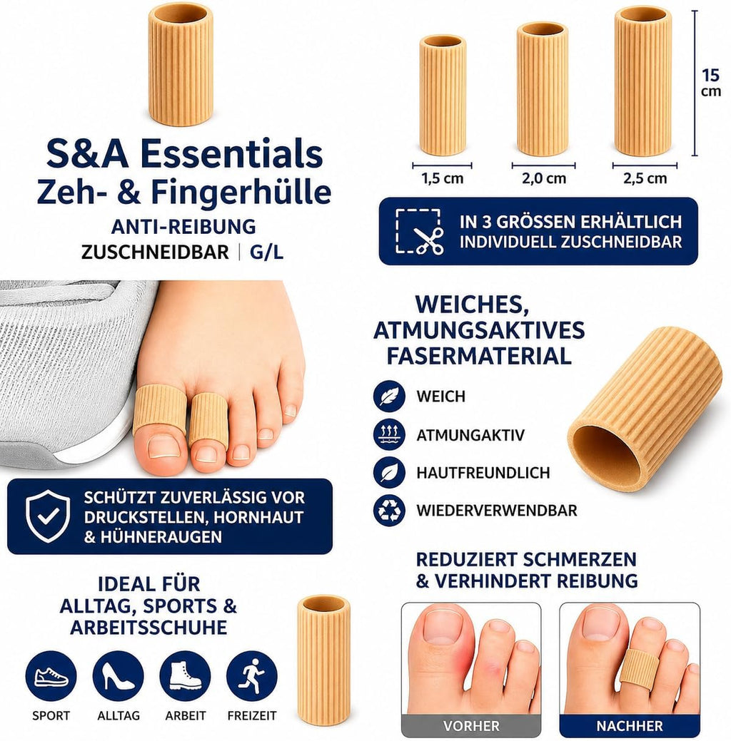 S&A Essentials Toe & Finger Cover - Anti Friction Toe Protectors Against Pressure & Friction - Corns & Callus Protection - Cut to Size - S/M/L (Size S Diameter 1.5 cm, Length 15 cm)