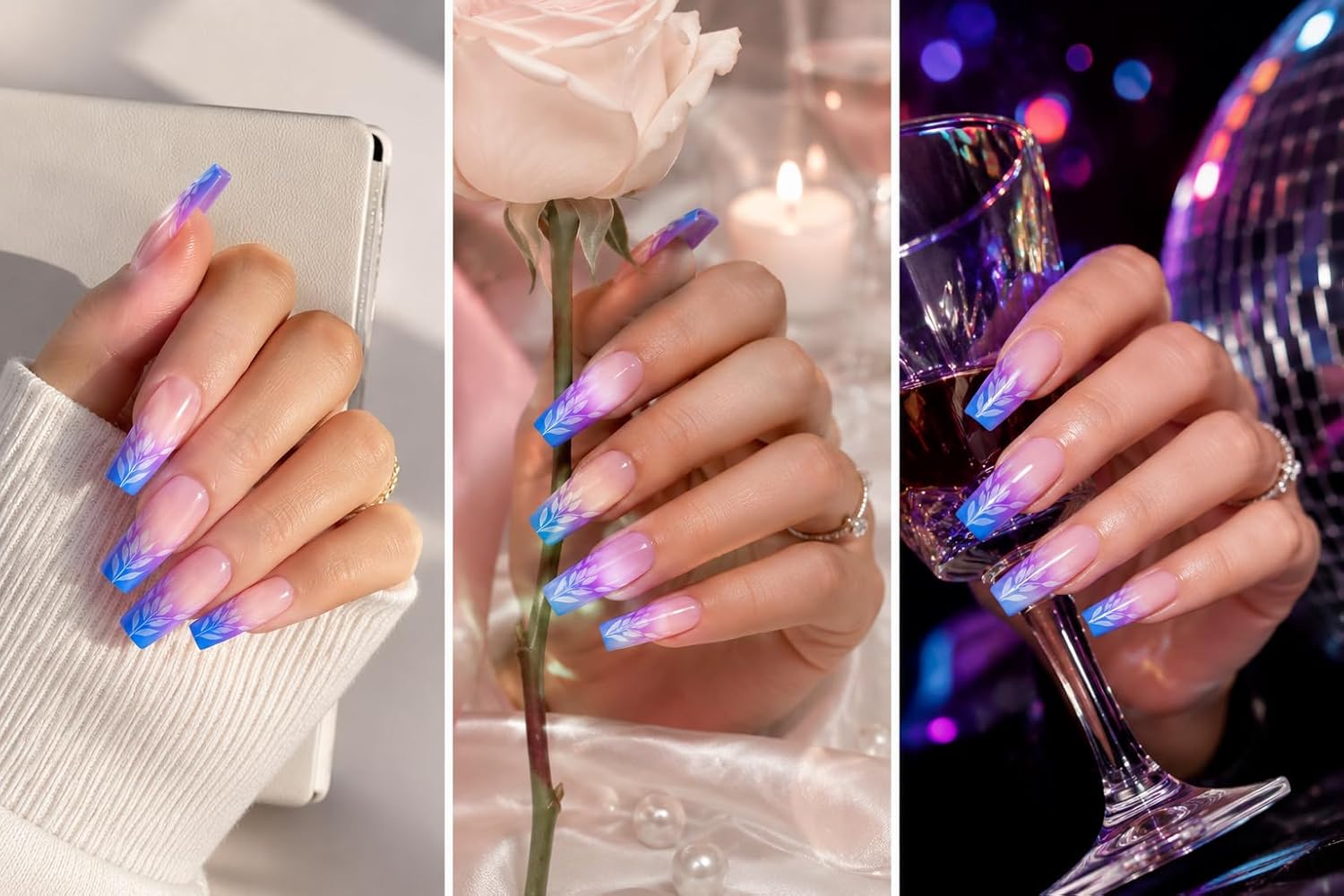 24 Press On Nails Coffin Medium Length – Blue Pink Ombre Nails with White Leaf Design – Reusable Glossy Glue On Nails – Full Cover Artificial Nails for Women
