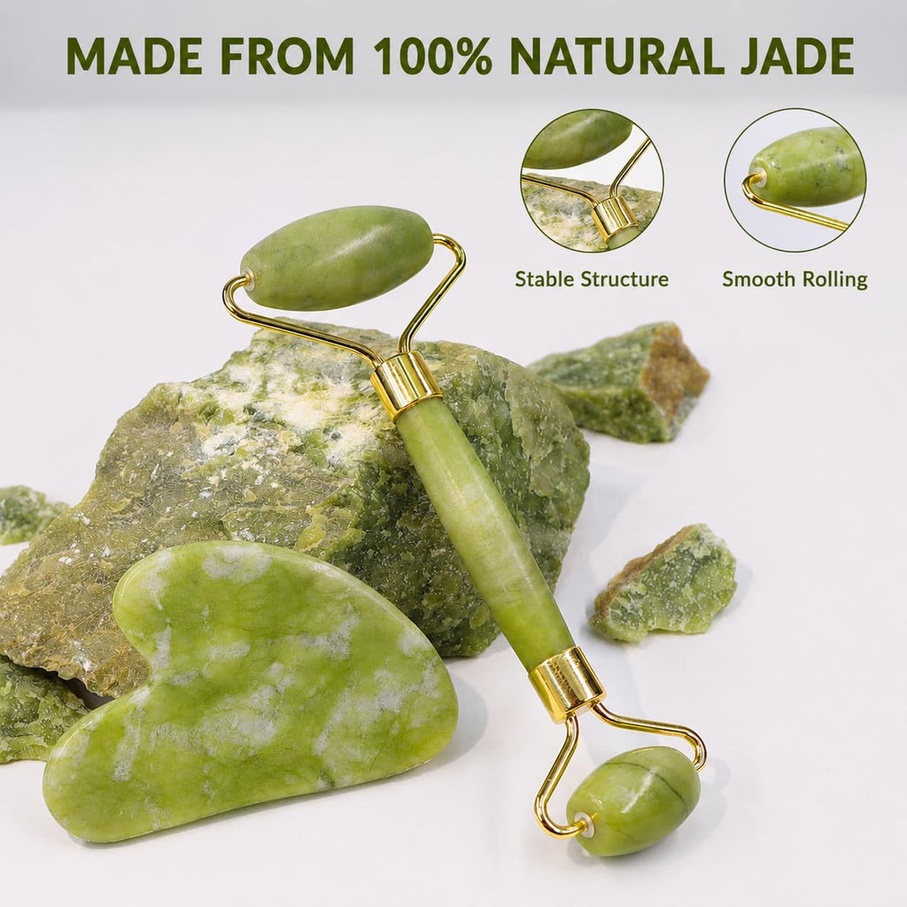 Jade Roller & Gua Sha Set – 100% Real Jade Stone Face Massager – Cooling Facial Massage Tool for Puffiness, Dark Circles, Skin Care & Relaxation – S&A Essentials
