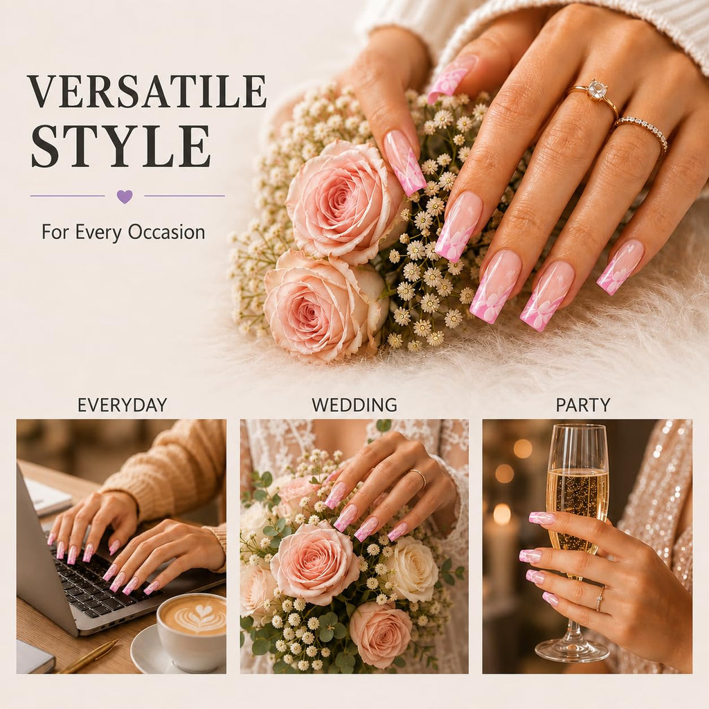 24 Press On Nails Coffin Medium Length – Pink French Tip Fake Nails with 3D Wave Design – Glossy Reusable Glue On Nails – Full Cover Acrylic Nail Set for Women