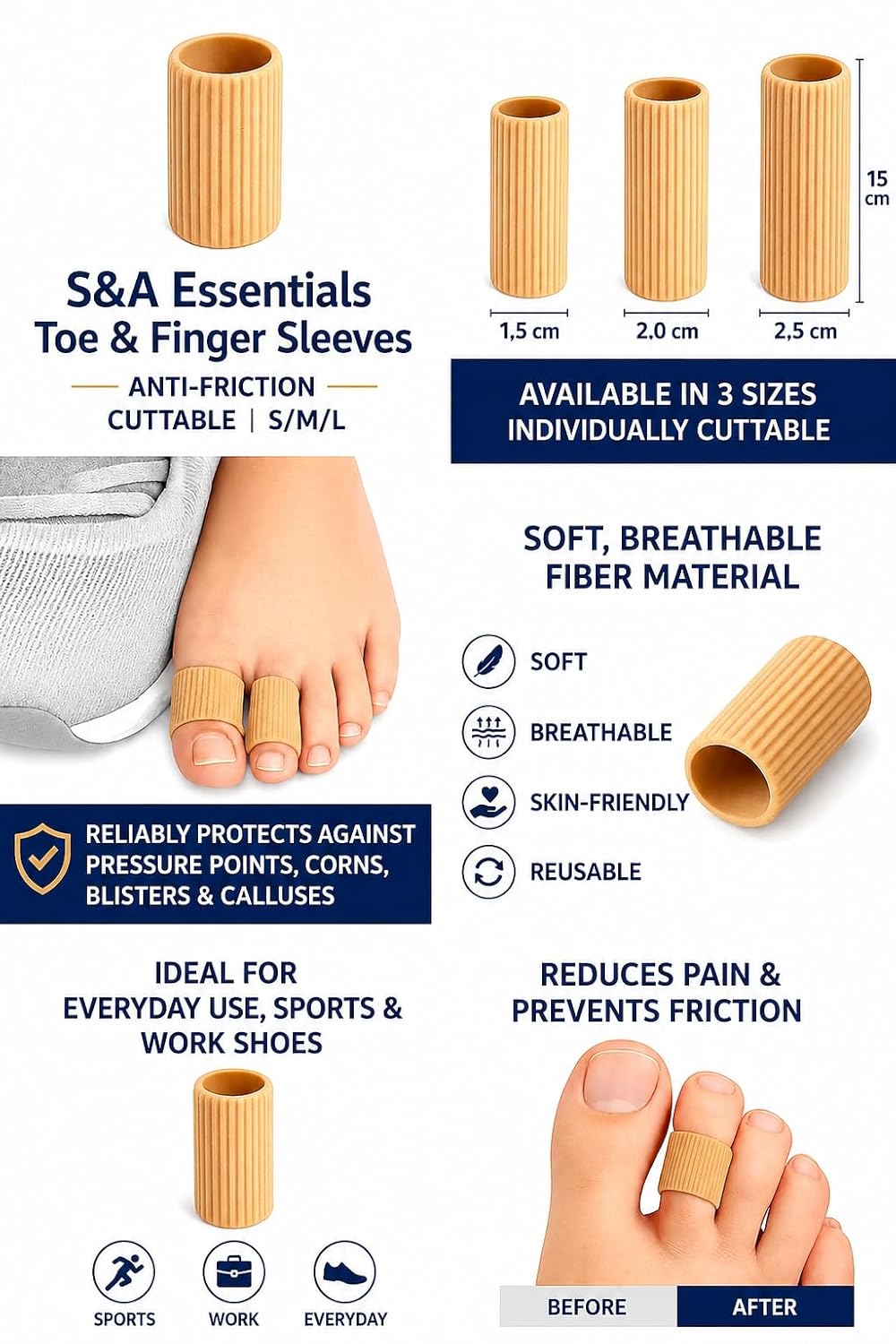 Generisch Toe & Finger Sleeve – Anti-Friction Toe Protector Against Pressure & Rubbing – Protection for Corns & Calluses – Cut-to-Size – Sizes S/M/L – S&A Essentials (L Ø 2,5 cm, Länge 15 cm)