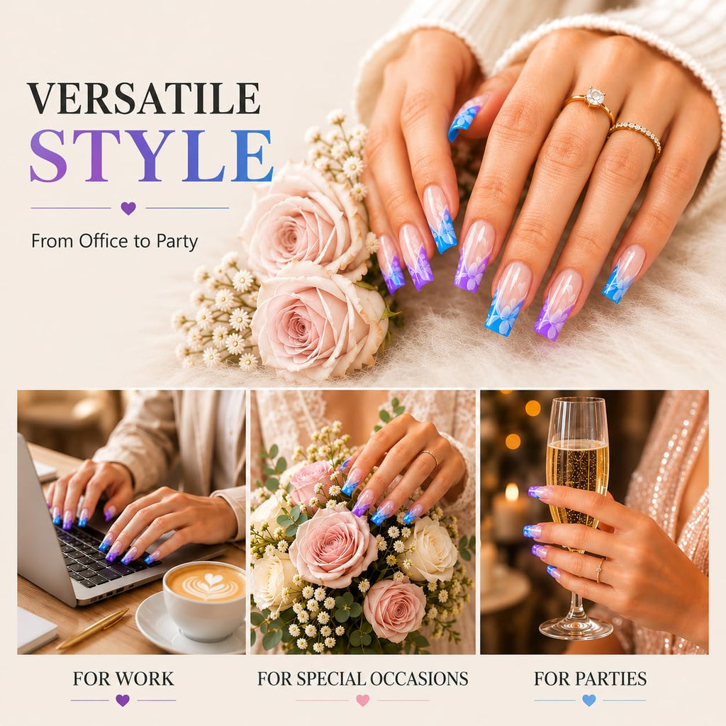 24 Press On Nails Coffin Medium Length – Blue Pink Ombre Nails with White Leaf Design – Reusable Glossy Glue On Nails – Full Cover Artificial Nails for Women