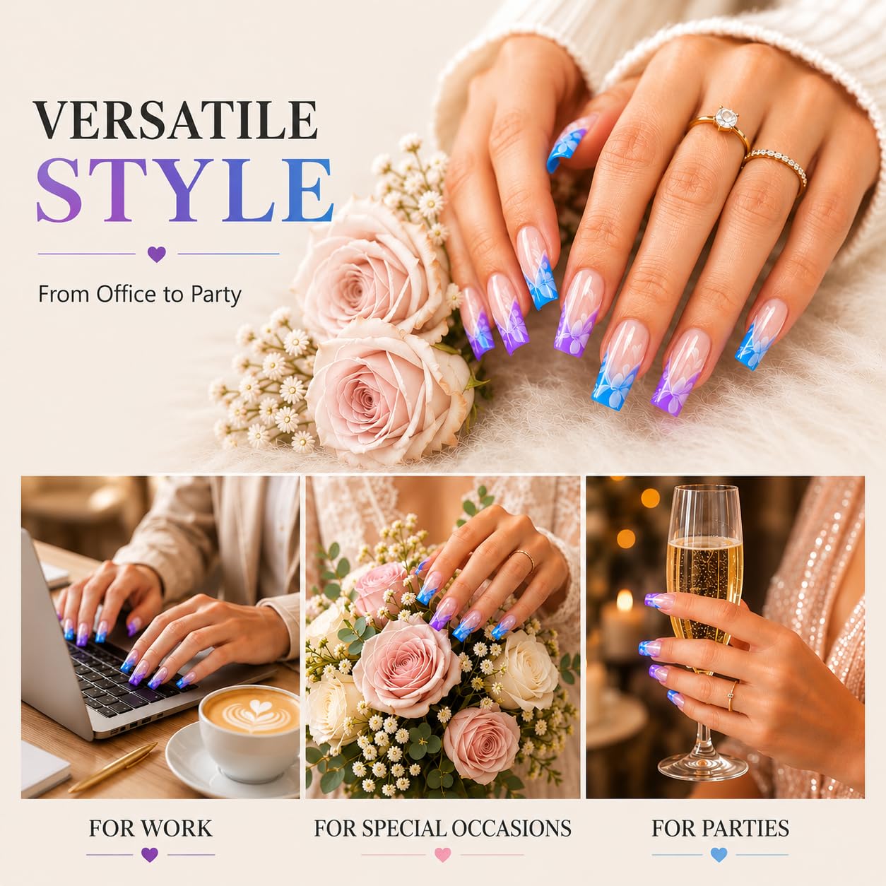 24 Press On Nails Coffin Medium Length – Blue Pink Ombre Nails with White Leaf Design – Reusable Glossy Glue On Nails – Full Cover Artificial Nails for Women