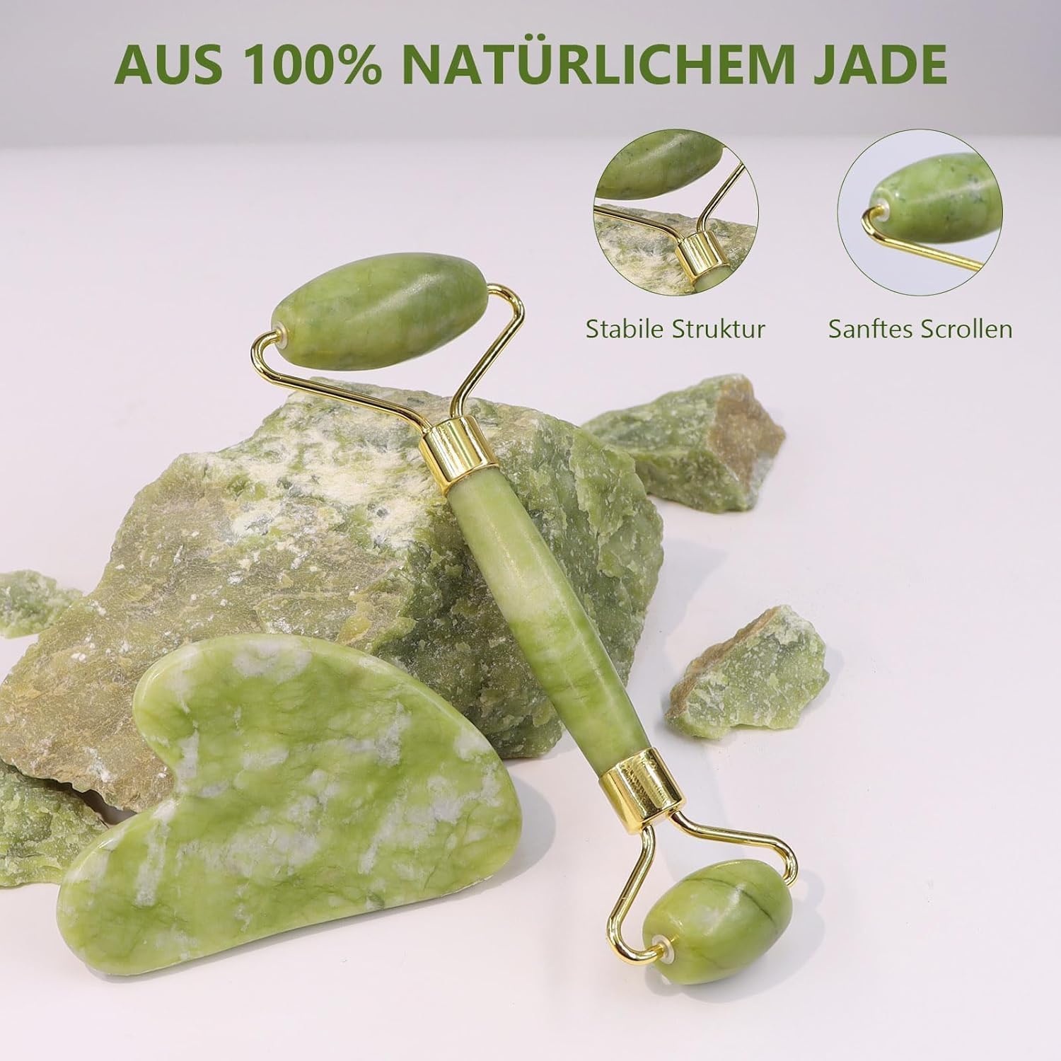 Jade Roller & Gua Sha Set – 100% Echter Jadestein – Gesichtsmassage zur Hautstraffung & Entspannung – Kühlend gegen Augenringe & Schwellungen