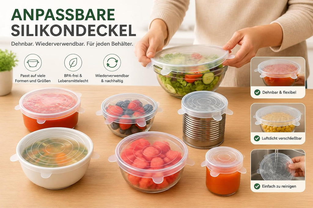 Silicone Stretch Lids Set of 6 - Reusable Fresh Keeping Lids for Bowls, Cans & Jars - Stretchy, Leak-proof & BPA Free - Dishwasher Safe & Microwave Safe - S&A Essentials®