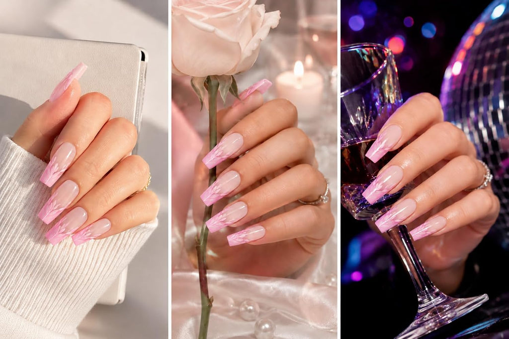 24 Press On Nails Coffin Medium Length – Pink French Tip Fake Nails with 3D Wave Design – Glossy Reusable Glue On Nails – Full Cover Acrylic Nail Set for Women