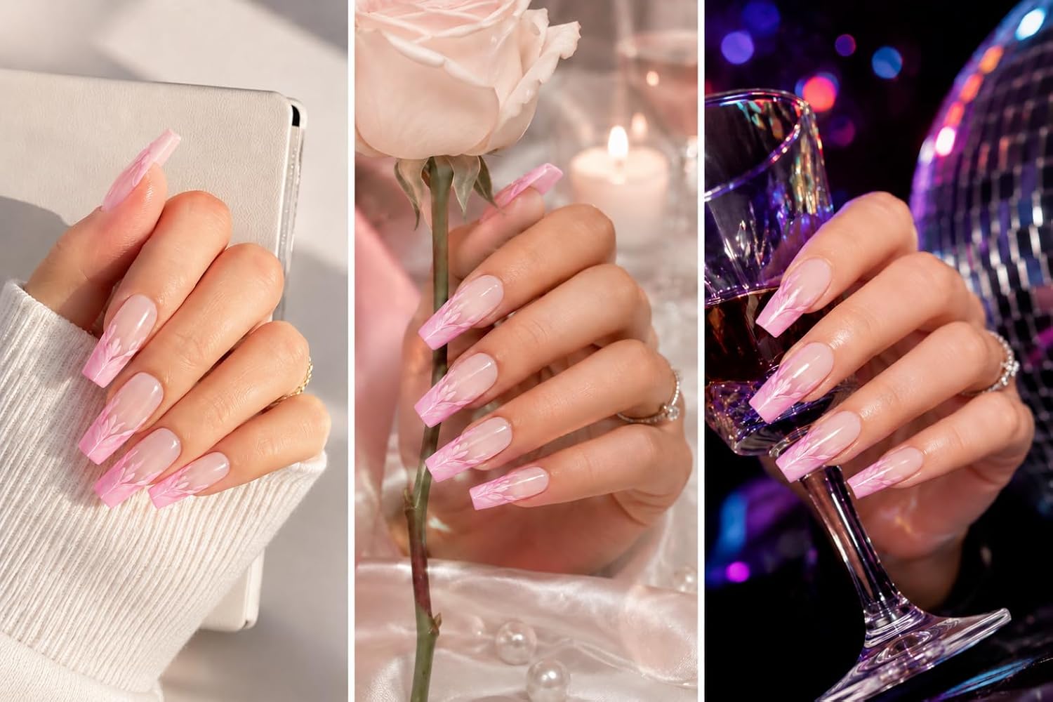 24 Press On Nails Coffin Medium Length – Pink French Tip Fake Nails with 3D Wave Design – Glossy Reusable Glue On Nails – Full Cover Acrylic Nail Set for Women