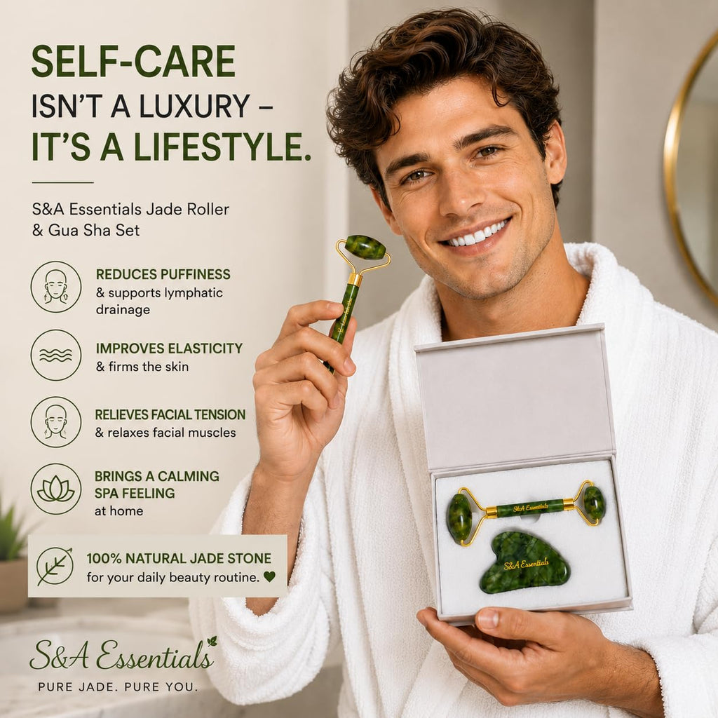 Jade Roller & Gua Sha Set – 100% Real Jade Stone Face Massager – Cooling Facial Massage Tool for Puffiness, Dark Circles, Skin Care & Relaxation – S&A Essentials