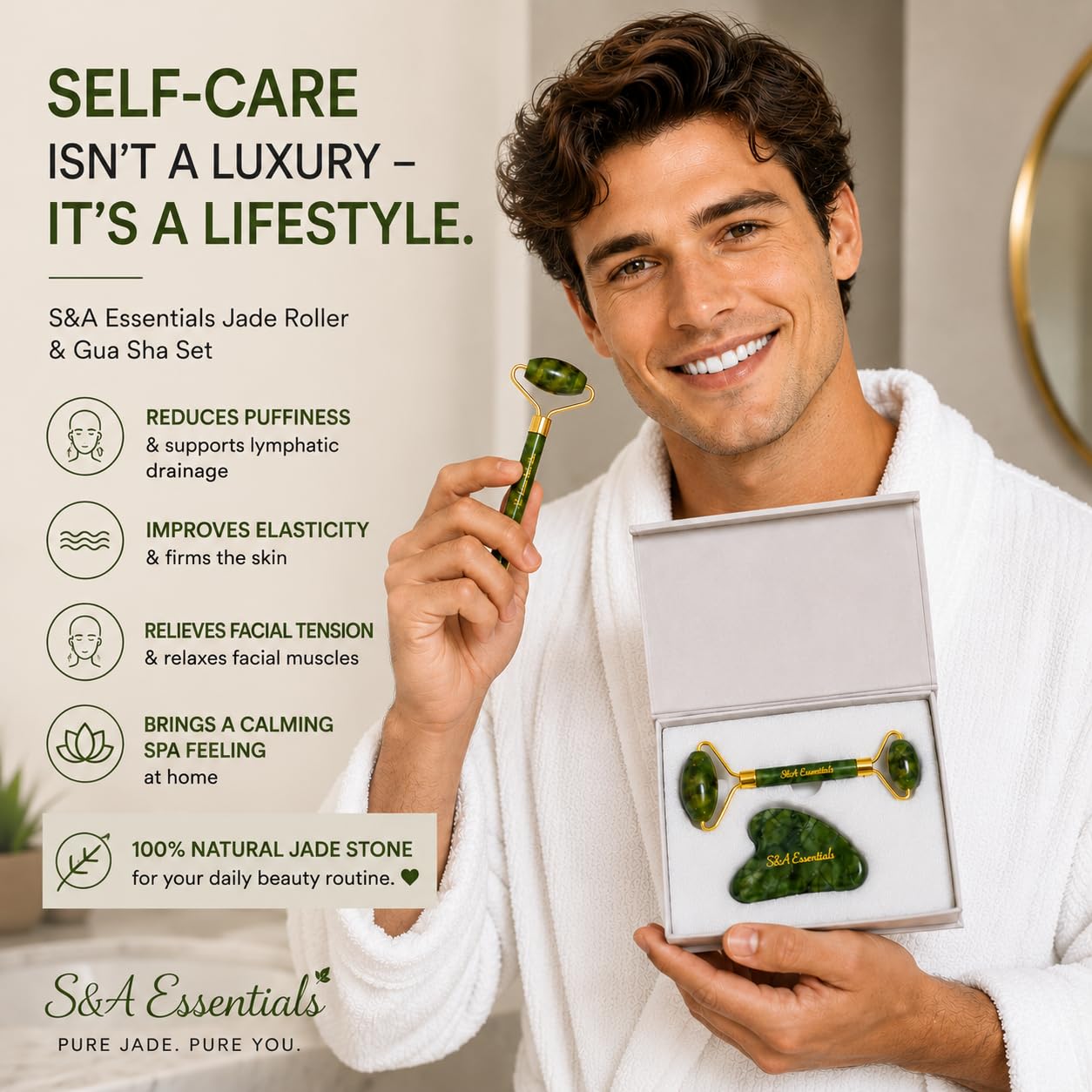 Jade Roller & Gua Sha Set – 100% Real Jade Stone Face Massager – Cooling Facial Massage Tool for Puffiness, Dark Circles, Skin Care & Relaxation – S&A Essentials