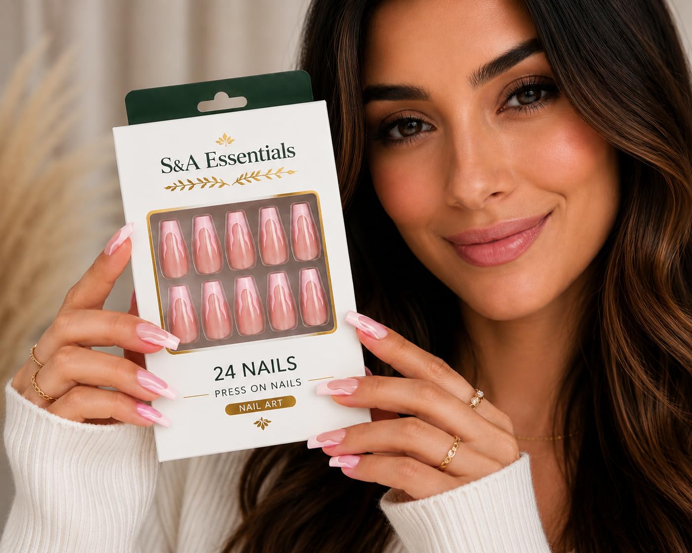 24 Press On Nails Coffin Medium Length – Pink French Tip Fake Nails with 3D Wave Design – Glossy Reusable Glue On Nails – Full Cover Acrylic Nail Set for Women