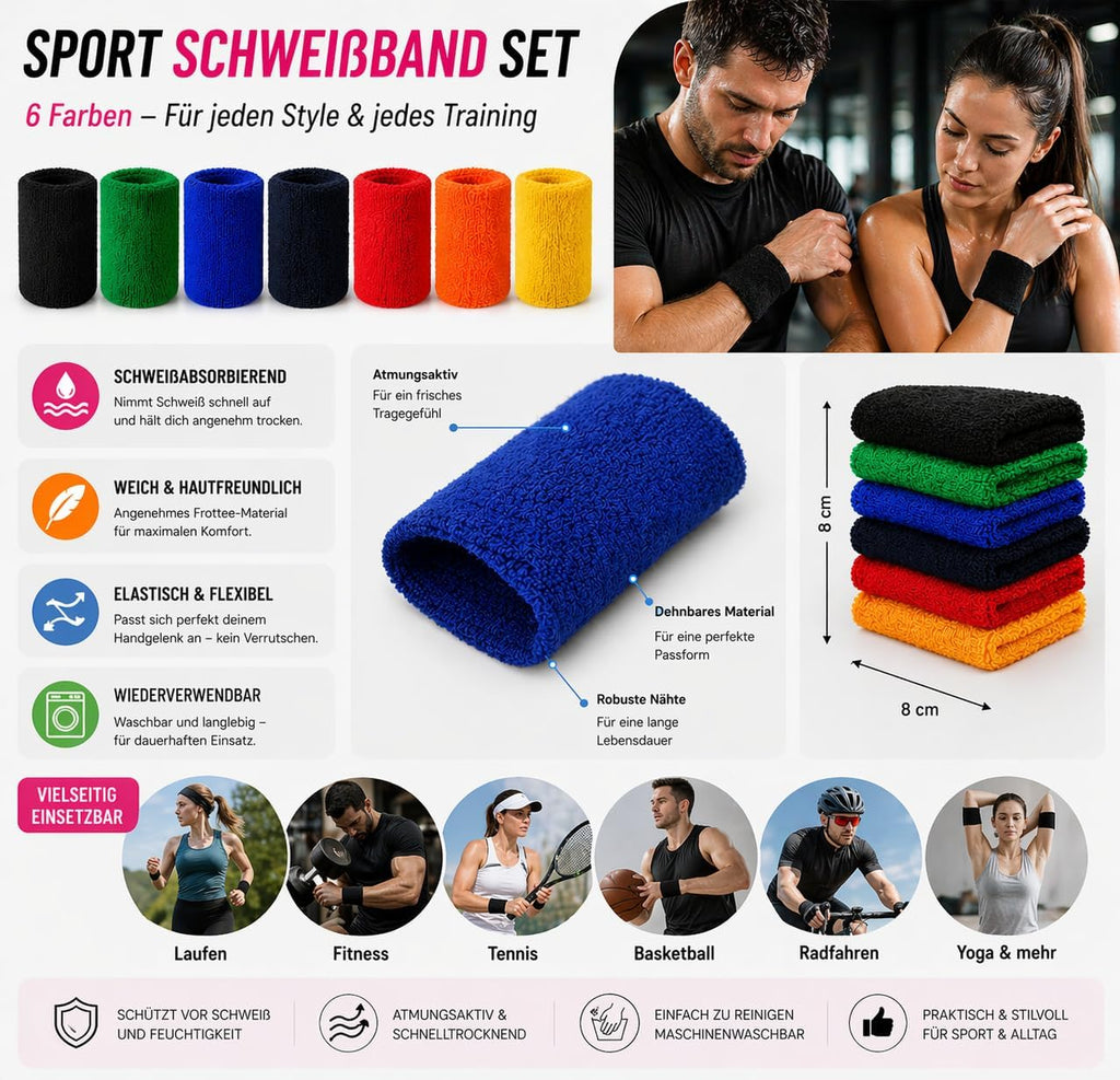 S&A Essentials Sweatband/Pulse Warmer Set of 2 - Terry Cloth Wrist Band for Sports & Fitness - Non-Slip, Absorbent & Comfortable