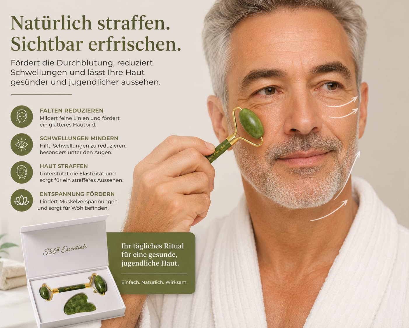 Jade Roller & Gua Sha Set – 100% Echter Jadestein – Gesichtsmassage zur Hautstraffung & Entspannung – Kühlend gegen Augenringe & Schwellungen