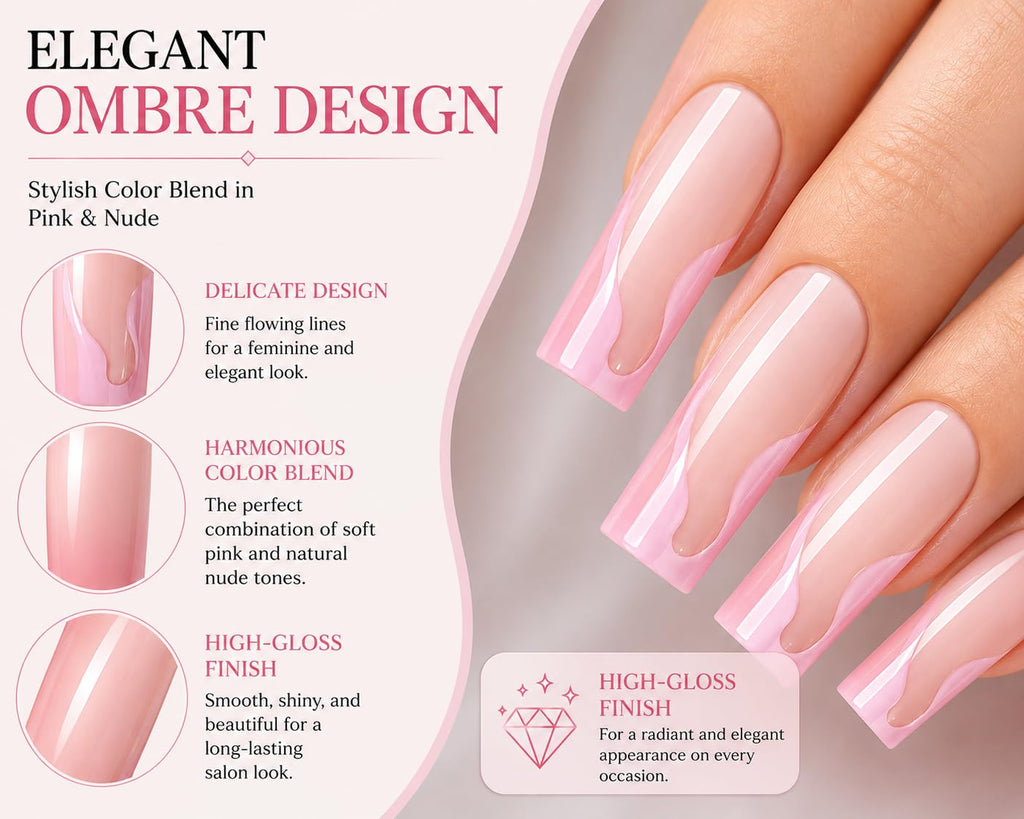 24 Press On Nails Coffin Medium Length – Pink French Tip Fake Nails with 3D Wave Design – Glossy Reusable Glue On Nails – Full Cover Acrylic Nail Set for Women