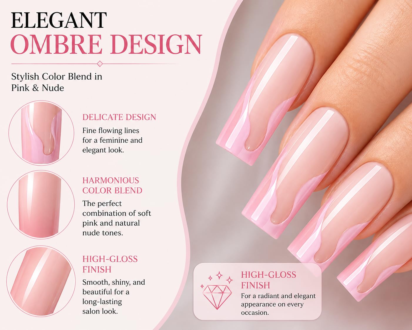 24 Press On Nails Coffin Medium Length – Pink French Tip Fake Nails with 3D Wave Design – Glossy Reusable Glue On Nails – Full Cover Acrylic Nail Set for Women