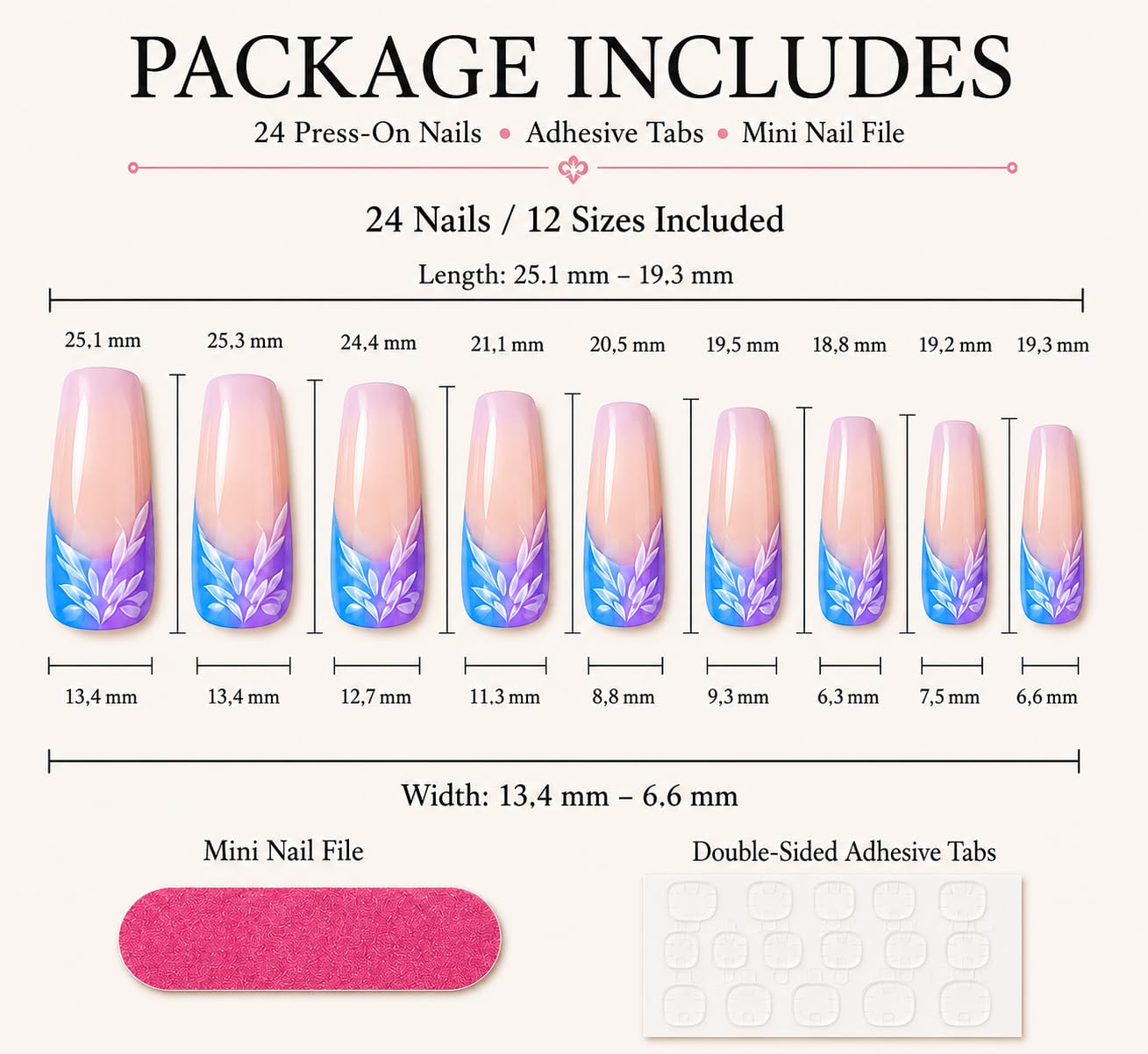 24 Press On Nails Coffin Medium Length – Blue Pink Ombre Nails with White Leaf Design – Reusable Glossy Glue On Nails – Full Cover Artificial Nails for Women