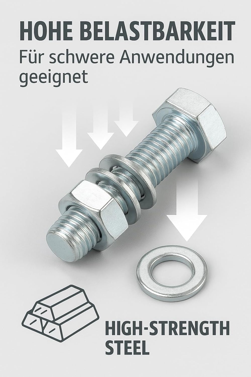 S&A Essentials M8 Screw Set 8-Piece - Complete Set with Nuts, Washers & Spring Washers - Galvanised Hexagonal Screws DIN 933 - For DIY & Furniture Assembly