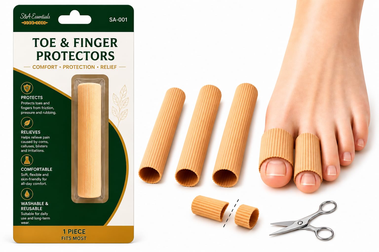 Generisch Toe & Finger Sleeve – Anti-Friction Toe Protector Against Pressure & Rubbing – Protection for Corns & Calluses – Cut-to-Size – Sizes S/M/L – S&A Essentials (L Ø 2,5 cm, Länge 15 cm)