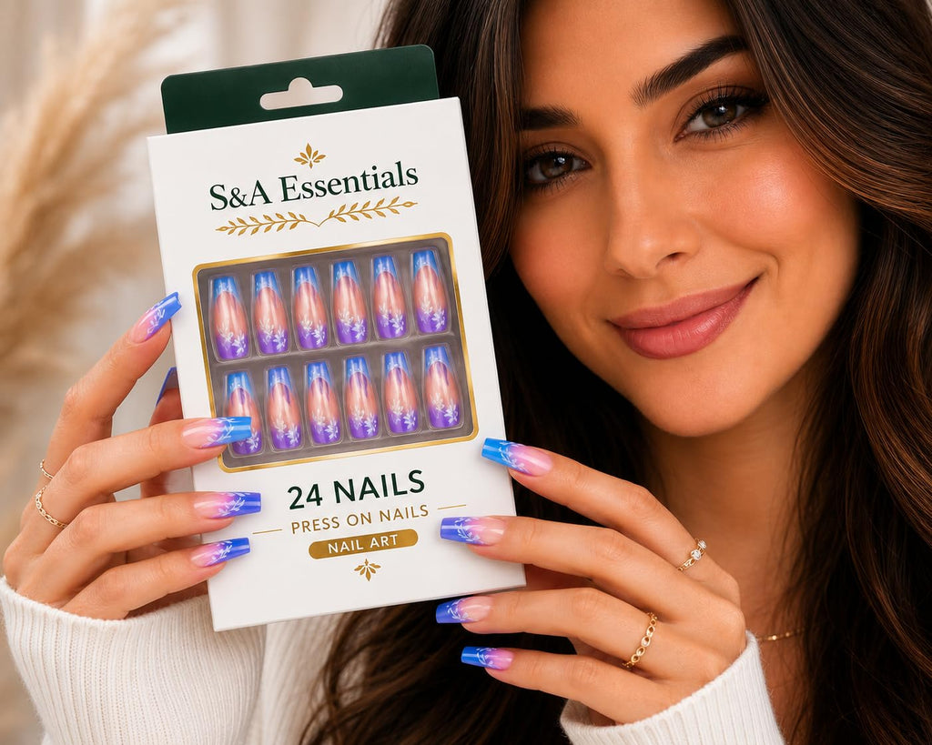 24 Press On Nails Coffin Medium Length – Blue Pink Ombre Nails with White Leaf Design – Reusable Glossy Glue On Nails – Full Cover Artificial Nails for Women