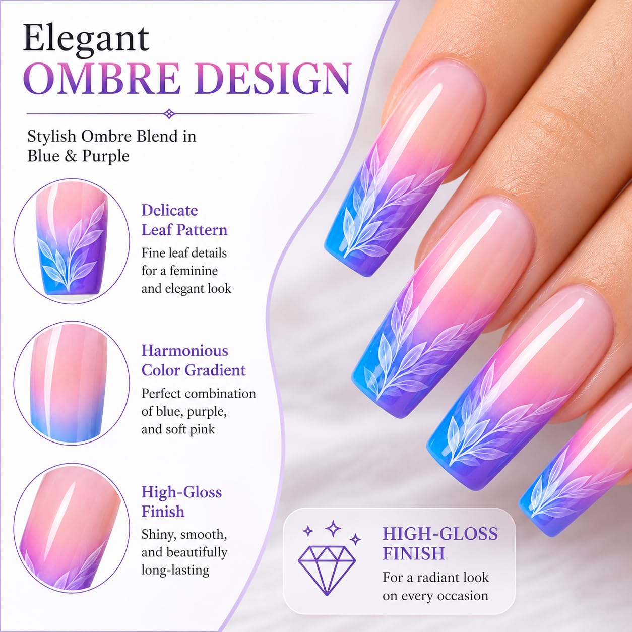 24 Press On Nails Coffin Medium Length – Blue Pink Ombre Nails with White Leaf Design – Reusable Glossy Glue On Nails – Full Cover Artificial Nails for Women