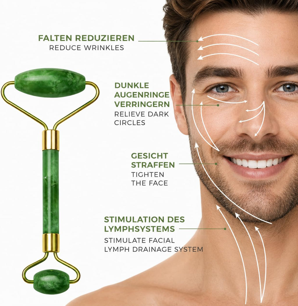 Jade Roller & Gua Sha Set – 100% Echter Jadestein – Gesichtsmassage zur Hautstraffung & Entspannung – Kühlend gegen Augenringe & Schwellungen