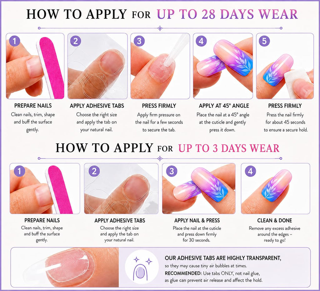 24 Press On Nails Coffin Medium Length – Blue Pink Ombre Nails with White Leaf Design – Reusable Glossy Glue On Nails – Full Cover Artificial Nails for Women