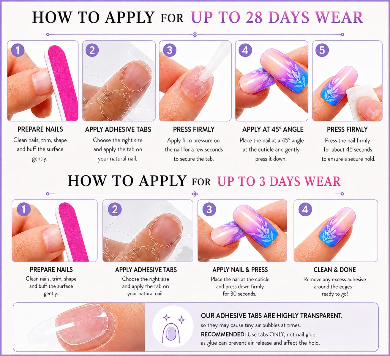 24 Press On Nails Coffin Medium Length – Blue Pink Ombre Nails with White Leaf Design – Reusable Glossy Glue On Nails – Full Cover Artificial Nails for Women