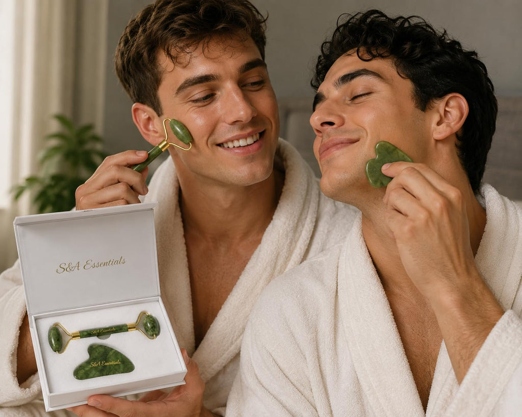 Jade Roller & Gua Sha Set – 100% Real Jade Stone Face Massager – Cooling Facial Massage Tool for Puffiness, Dark Circles, Skin Care & Relaxation – S&A Essentials