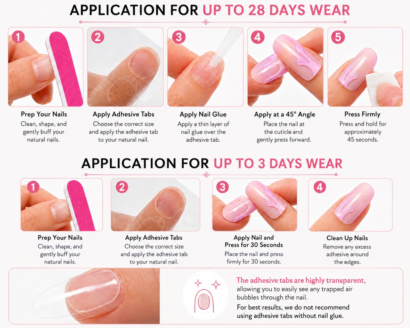 24 Press On Nails Coffin Medium Length – Pink French Tip Fake Nails with 3D Wave Design – Glossy Reusable Glue On Nails – Full Cover Acrylic Nail Set for Women