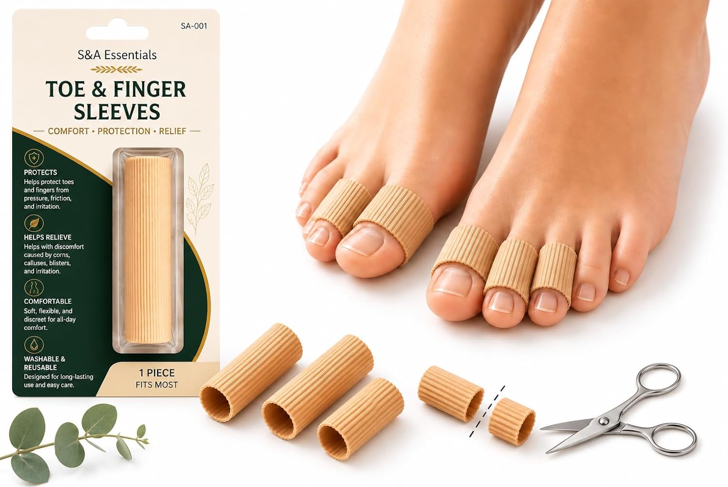 Toe & Finger Sleeves – Anti-Friction Toe Protectors for Corns, Calluses & Blisters – Cut-to-Size – S/M/L – S&A Essentials (Size S Diameter 1.5 cm, Length 15 cm)