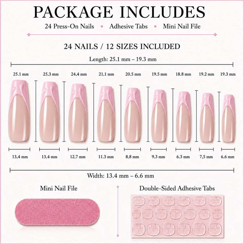 24 Press On Nails Coffin Medium Length – Pink French Tip Fake Nails with 3D Wave Design – Glossy Reusable Glue On Nails – Full Cover Acrylic Nail Set for Women