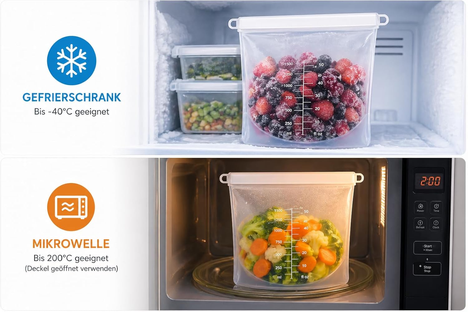 Silicone Freezer Bags 1500ml - Reusable, BPA Free, Leak Proof, Dishwasher Safe, Stand Base, Airtight Zip Seal for Food, Freezer & Camping - S&A Essentials | Leak-proof