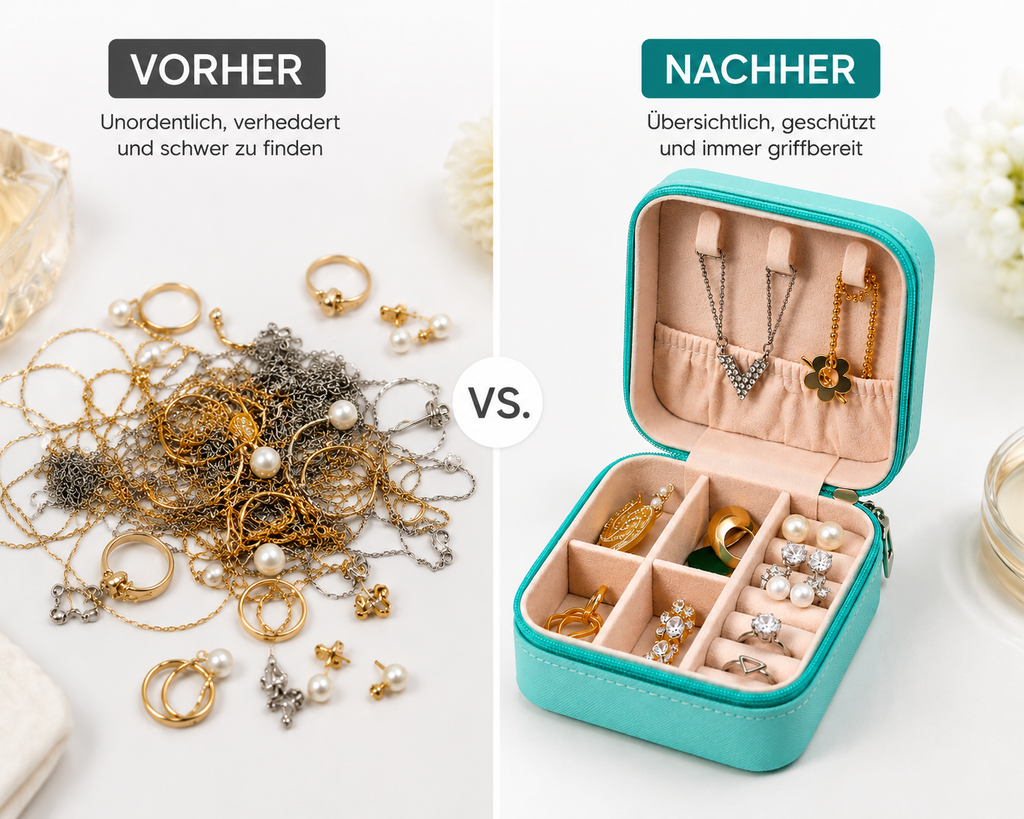 Schmuckkästchen Reise aus PU-Leder – Schmuckbox mit Samt-Innenfutter für Ringe, Halsketten, Ohrringe & Armbänder – Tragbarer Schmuck Organizer – S&A Essentials