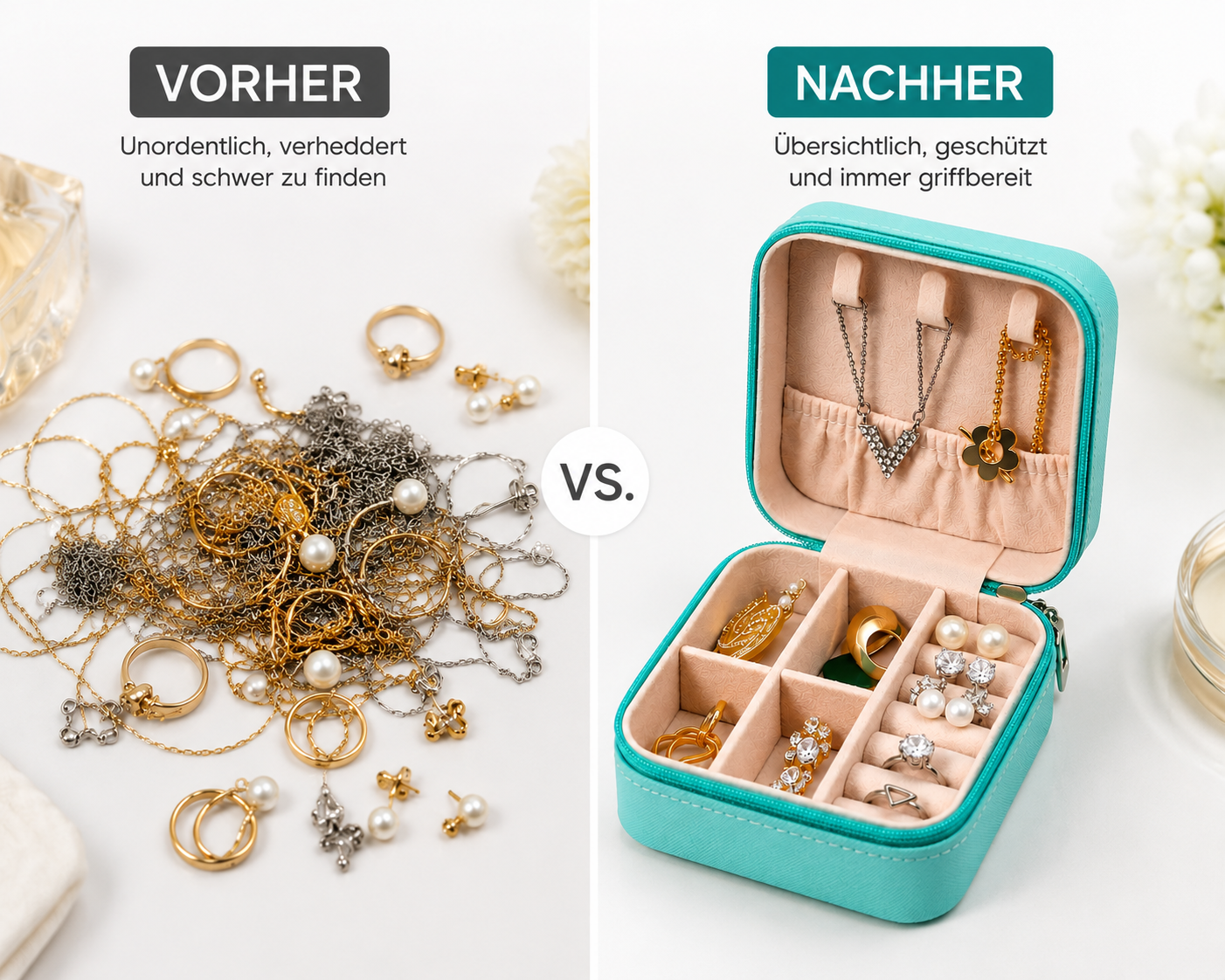 Schmuckkästchen Reise aus PU-Leder – Schmuckbox mit Samt-Innenfutter für Ringe, Halsketten, Ohrringe & Armbänder – Tragbarer Schmuck Organizer – S&A Essentials