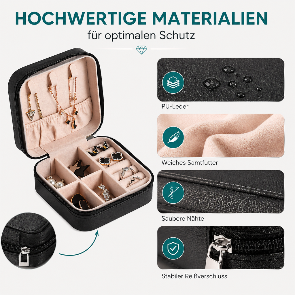 Schmuckkästchen Reise aus PU-Leder – Schmuckbox mit Samt-Innenfutter für Ringe, Halsketten, Ohrringe & Armbänder – Tragbarer Schmuck Organizer – S&A Essentials