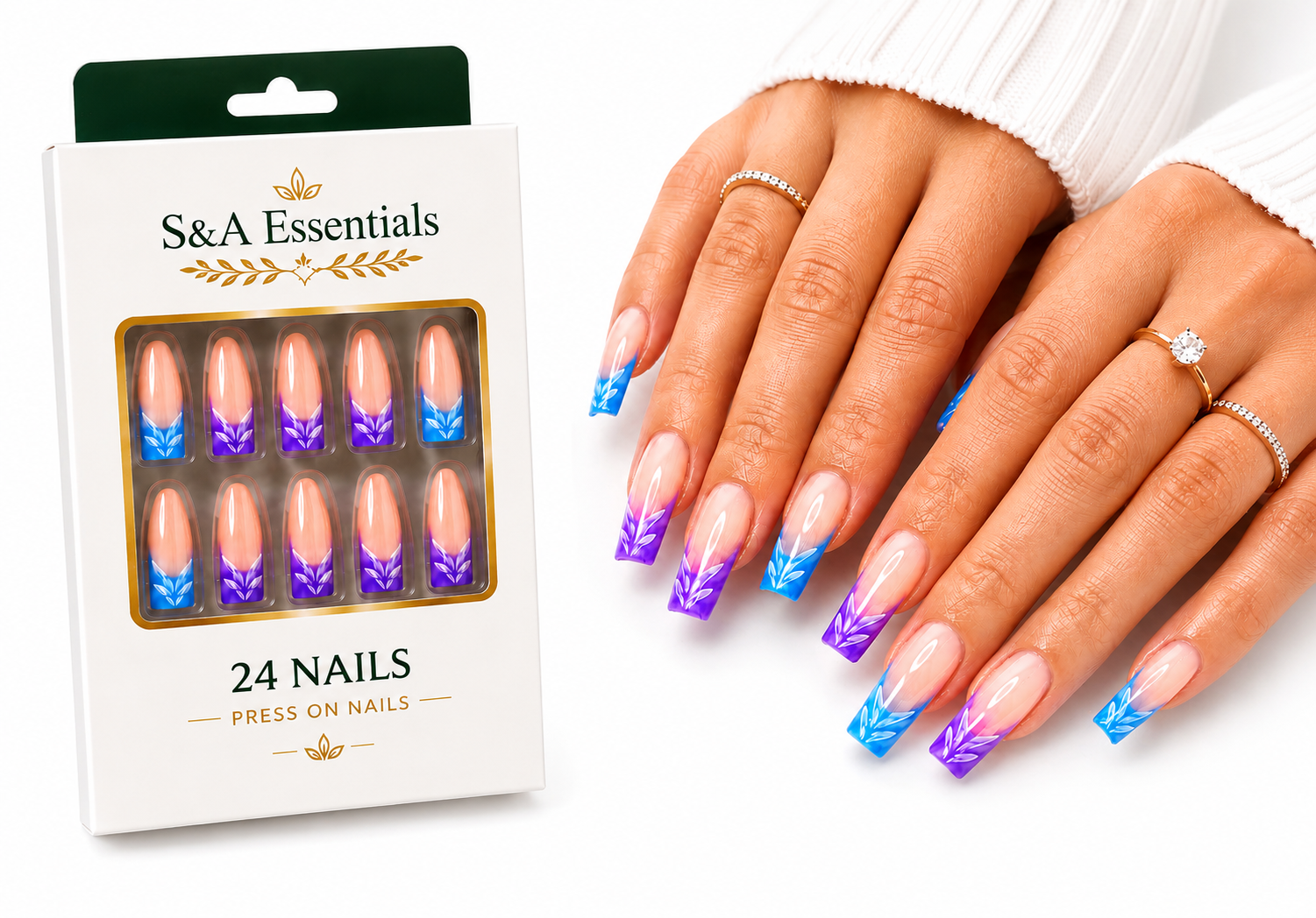 24 Press On Nails Coffin Medium Length – Blue Pink Ombre Nails with White Leaf Design – Reusable Glossy Glue On Nails – Full Cover Artificial Nails for Women