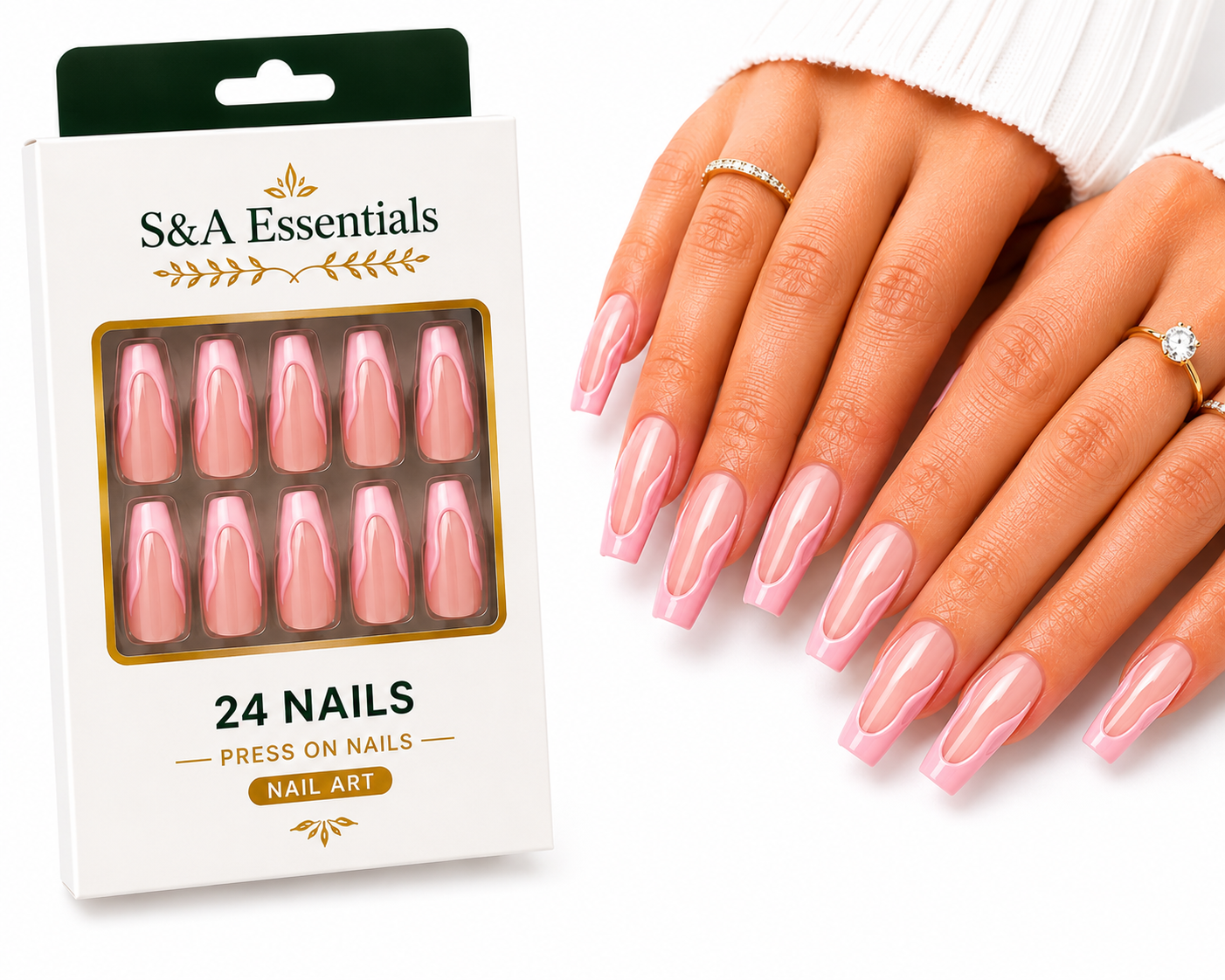 24 Press On Nails Coffin Medium Length – Pink French Tip Fake Nails with 3D Wave Design – Glossy Reusable Glue On Nails – Full Cover Acrylic Nail Set for Women